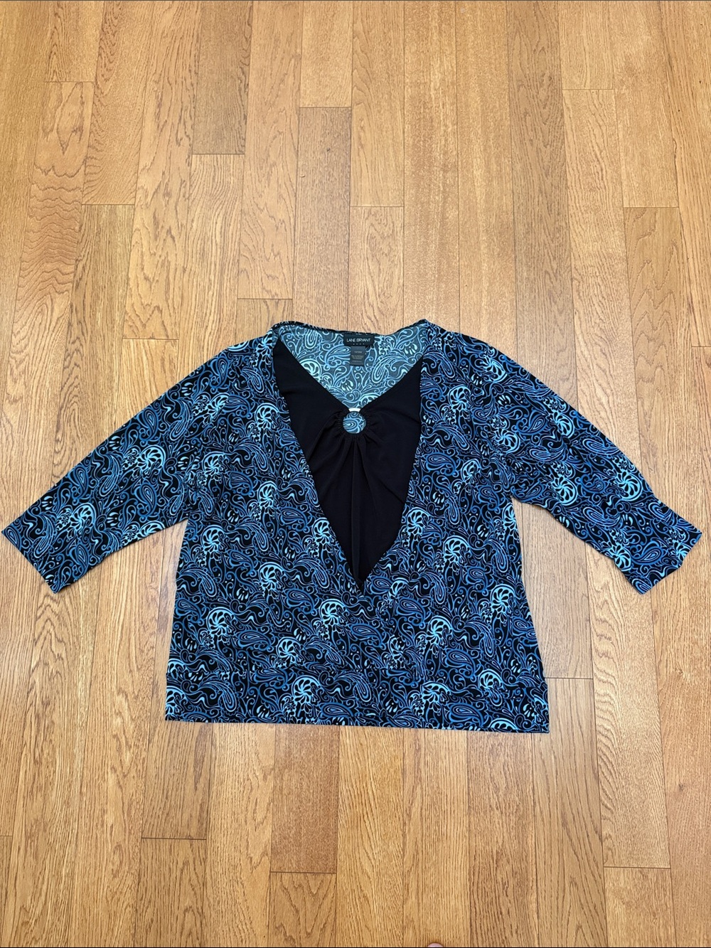 Lane Bryant Black and Teal Paisley V-Neck Knit Top
